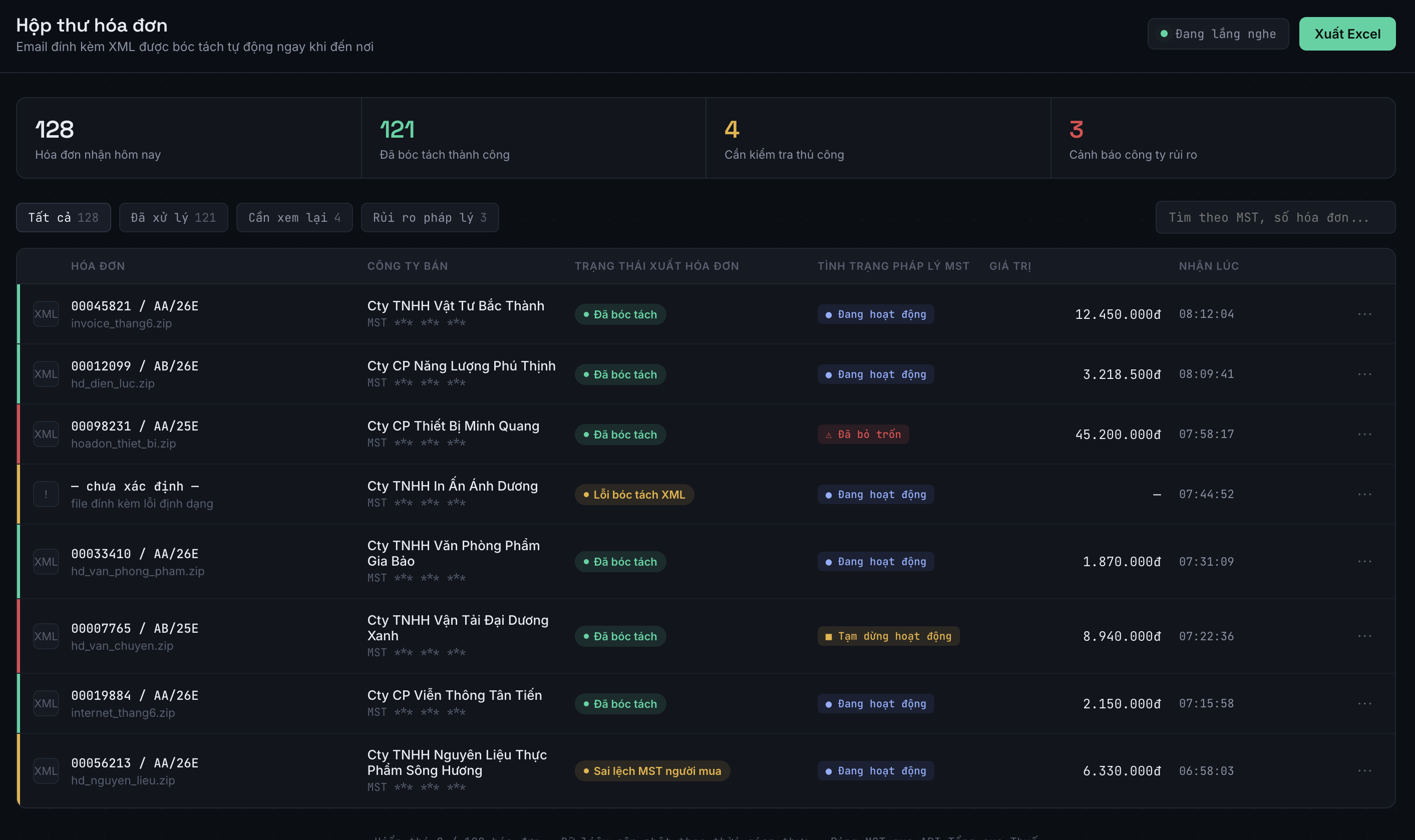 NK Invoice invoice inbox: incoming e-invoices extracted automatically from email attachments, with tax-ID risk status for each seller